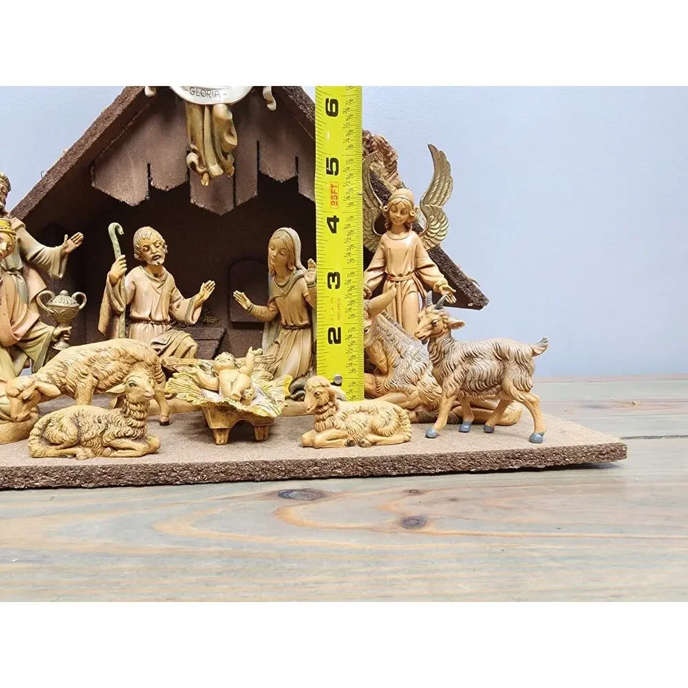 Vintage Fontanini Italian Resin Nativity Figurines & wood Manger/creche 15 piece